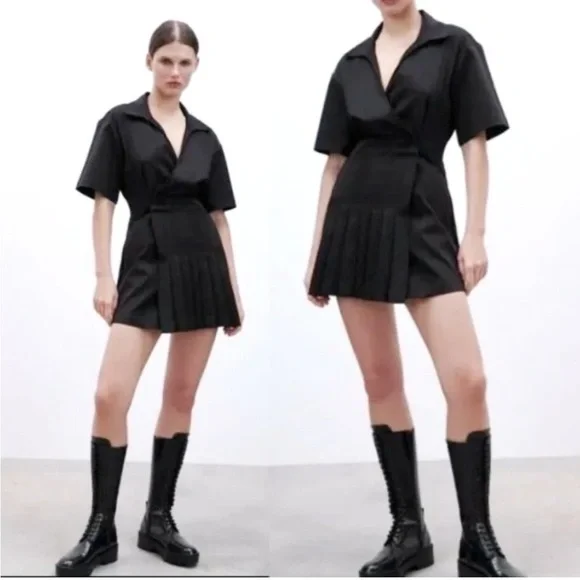 Zara Stretch Poplin Wrap Pleated Mini Dress - Picture 2 of 3